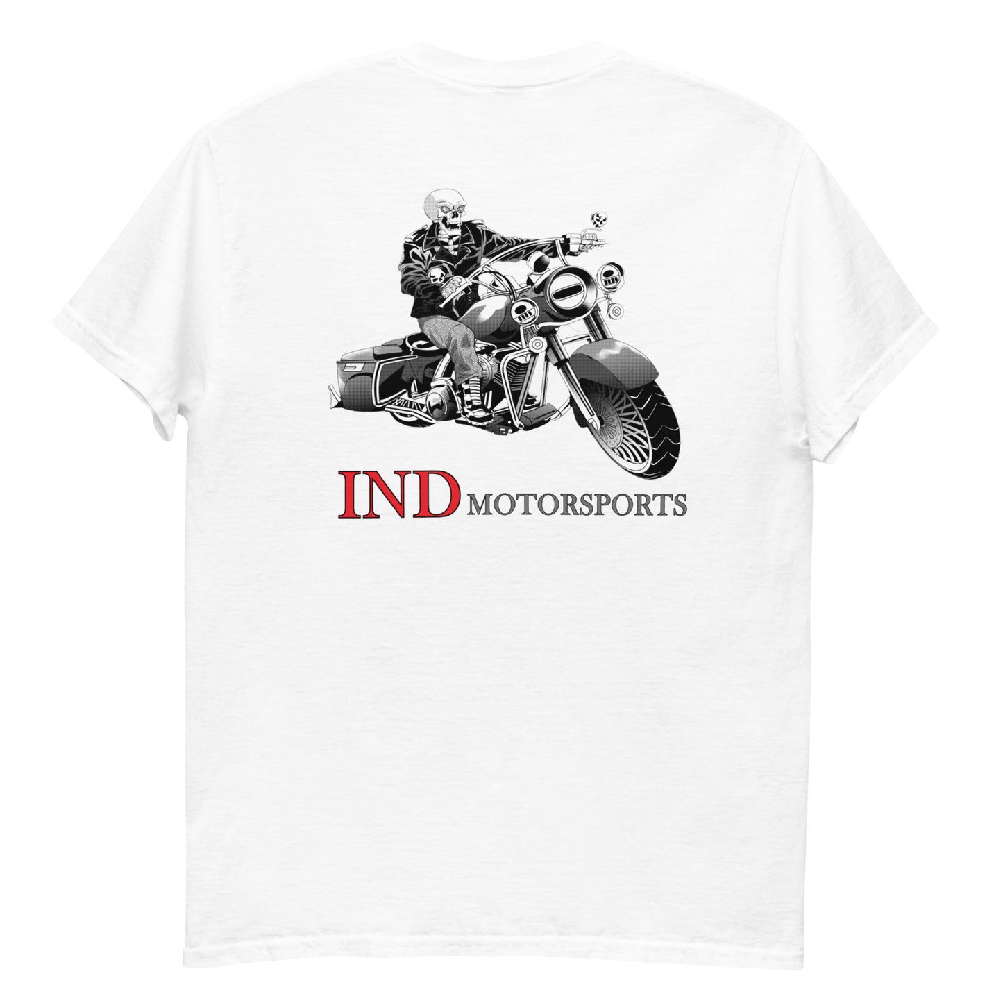 Men's classic tee with IND Motorsports on front and Logo Symbol on Back