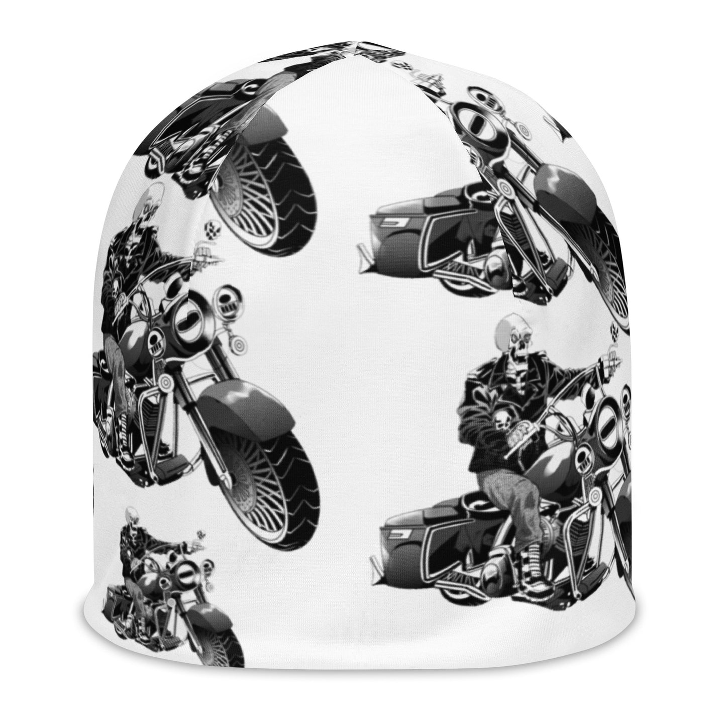 All-Over Print Beanie With Skull Riding Motorcycle