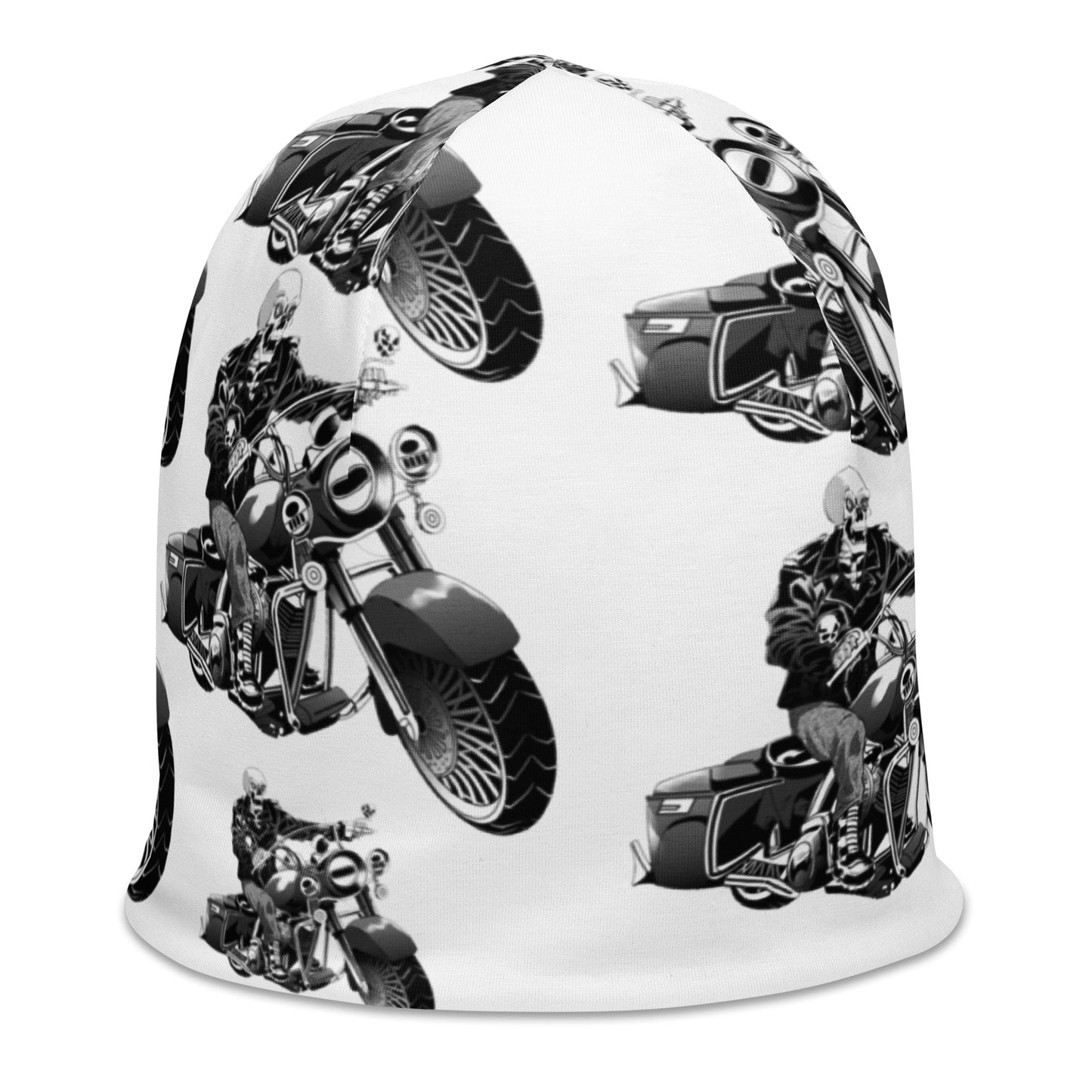 All-Over Print Beanie With Skull Riding Motorcycle